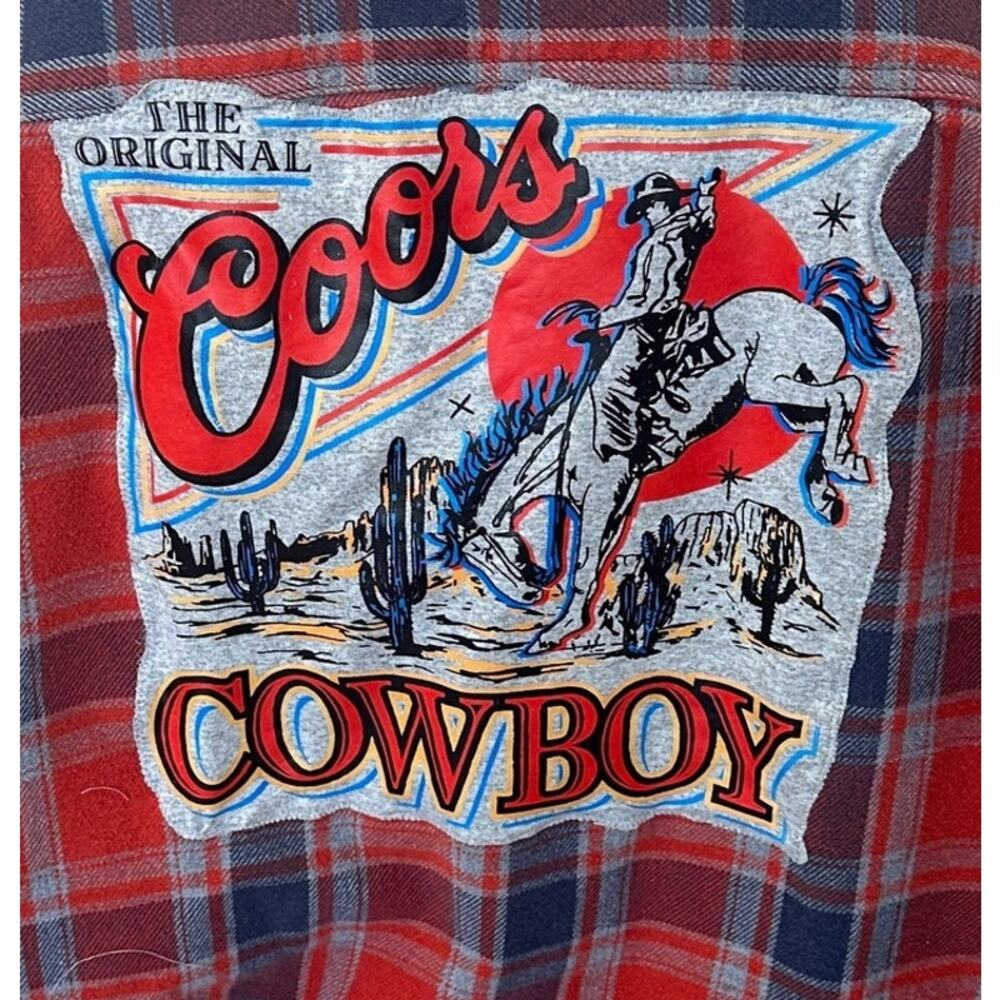 Coors Beer Cowboy Plaid Flannel Shirt XL Oversized Unique Western Tailgate Rodeo - Picture 2 of 6